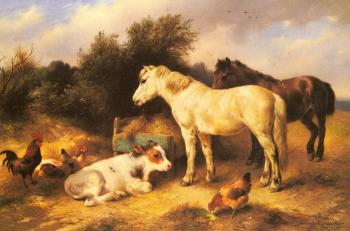 沃爾特 亨特 Ponies, A Calf and Poultry In a Farmyard